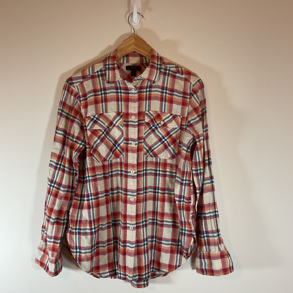 J.Crew Womens Red Orange Plaid Flannel Button Down Shirt Size 6 Pockets
